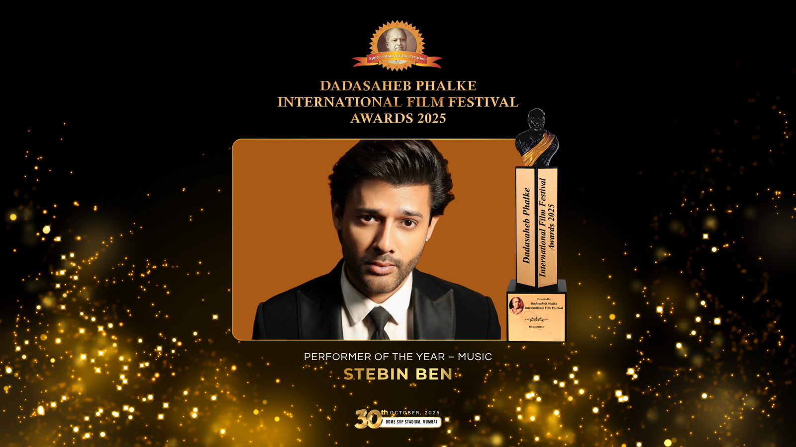 Stebin Ben receiving Performer of the Year – Music honour at Dadasaheb Phalke International Film Festival Awards 2025