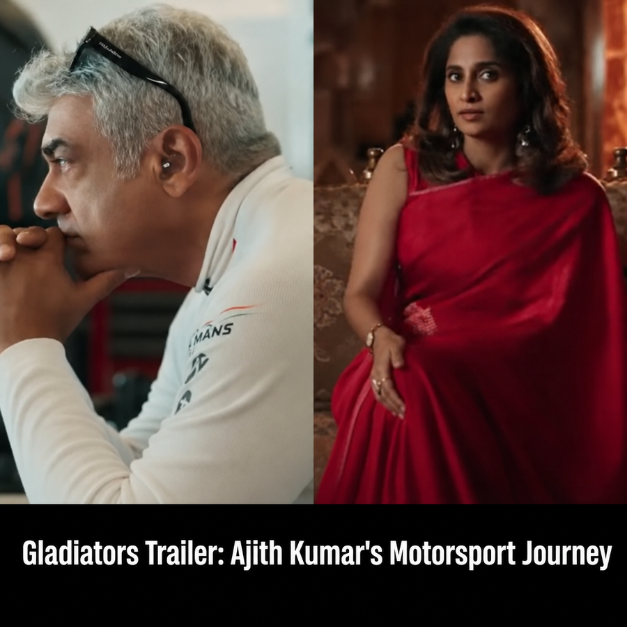 Ajith Kumar racing on a track with Shalini Ajithkumar and children Anoushka and Aadvik watching