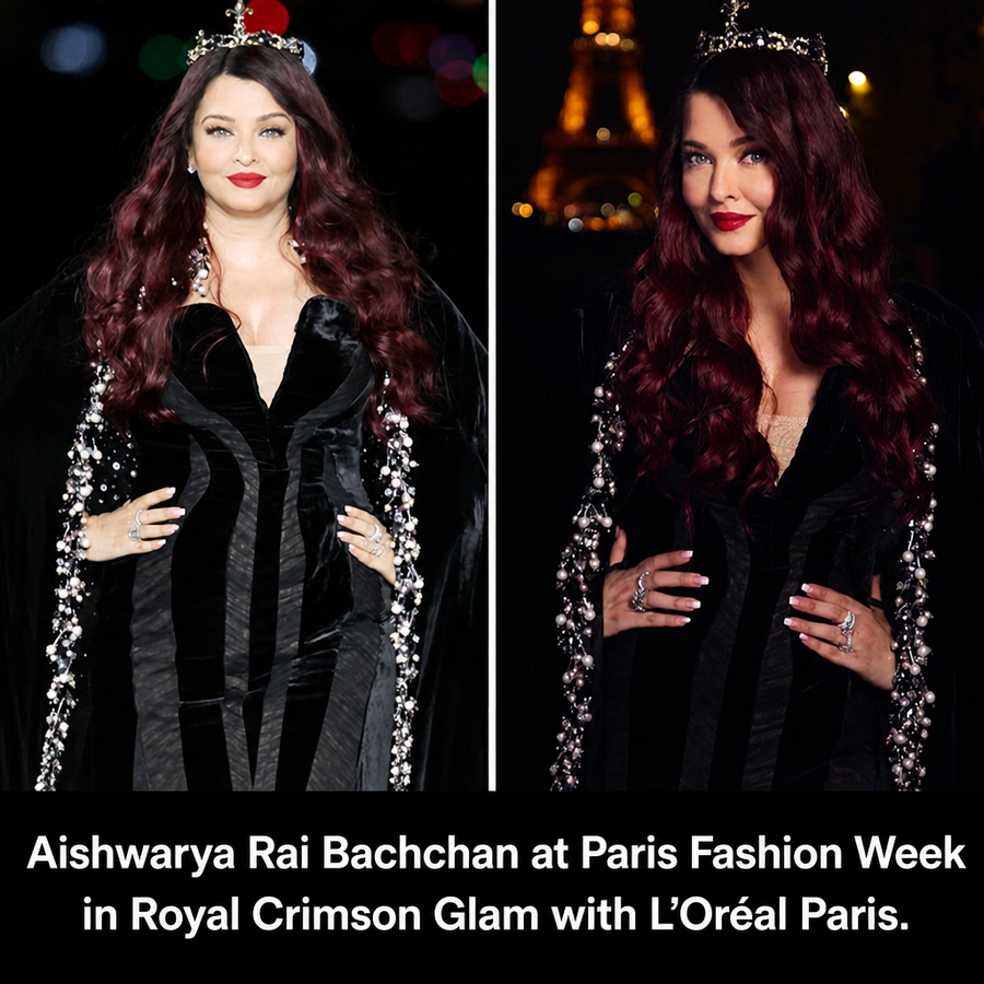 Aishwarya Rai Bachchan in a Royal Crimson Glam look at Paris Fashion Week with the Eiffel Tower backdrop.