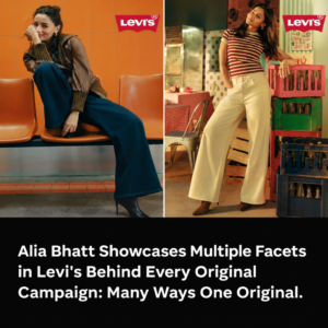 Studio fashion campaign model wearing Levi's denim looks from two described outfits.