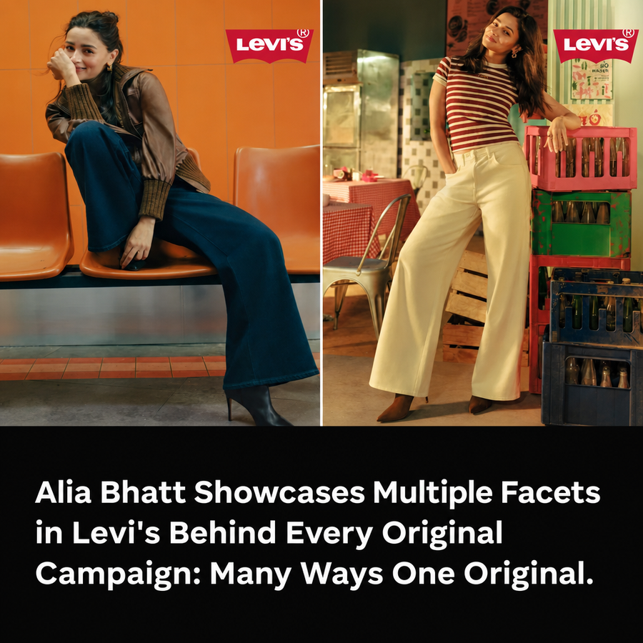 Studio fashion campaign model wearing Levi's denim looks from two described outfits.