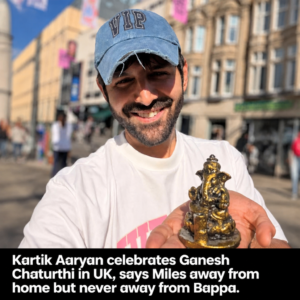 Kartik Aaryan pictured during Ganesh Chaturthi celebrations in the UK with a Ganesh idol