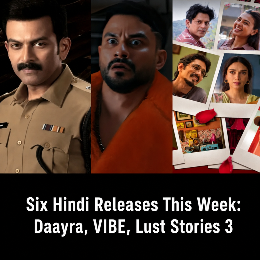 Collage of poster art for six Hindi releases this week: Daayra, VIBE, Love Lottery, Waiting Hai, Lust Stories 3, and Family Full House