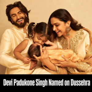 Announcement of Devi Padukone Singh's name by Deepika Padukone and Ranveer Singh on Dussehra with family photo.