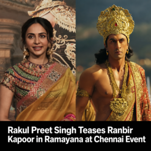 Rakul Preet Singh at Ramayana promotional event in Chennai with A. R. Rahman and other stars.